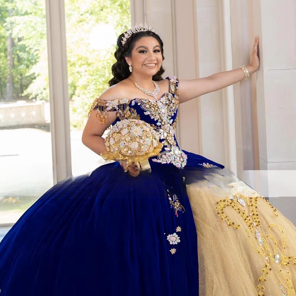 Royal Blue Quinceanera Dresses Veet Beads Crystal Sweet 16 Mexican Girls Prom Gowns Ruffles vestidos de 15 anos Custom Size