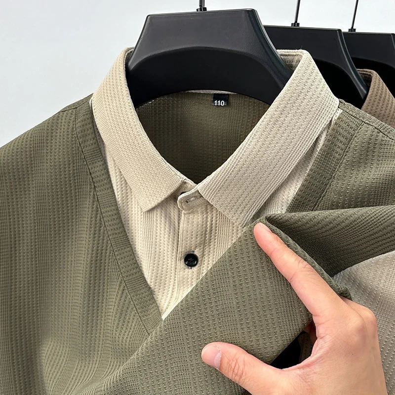 Mens Casual Fashion Long Sleeved Solid Color Blocked Two-piece Polo Shirt Comfortable All Season Versatile Top 241106