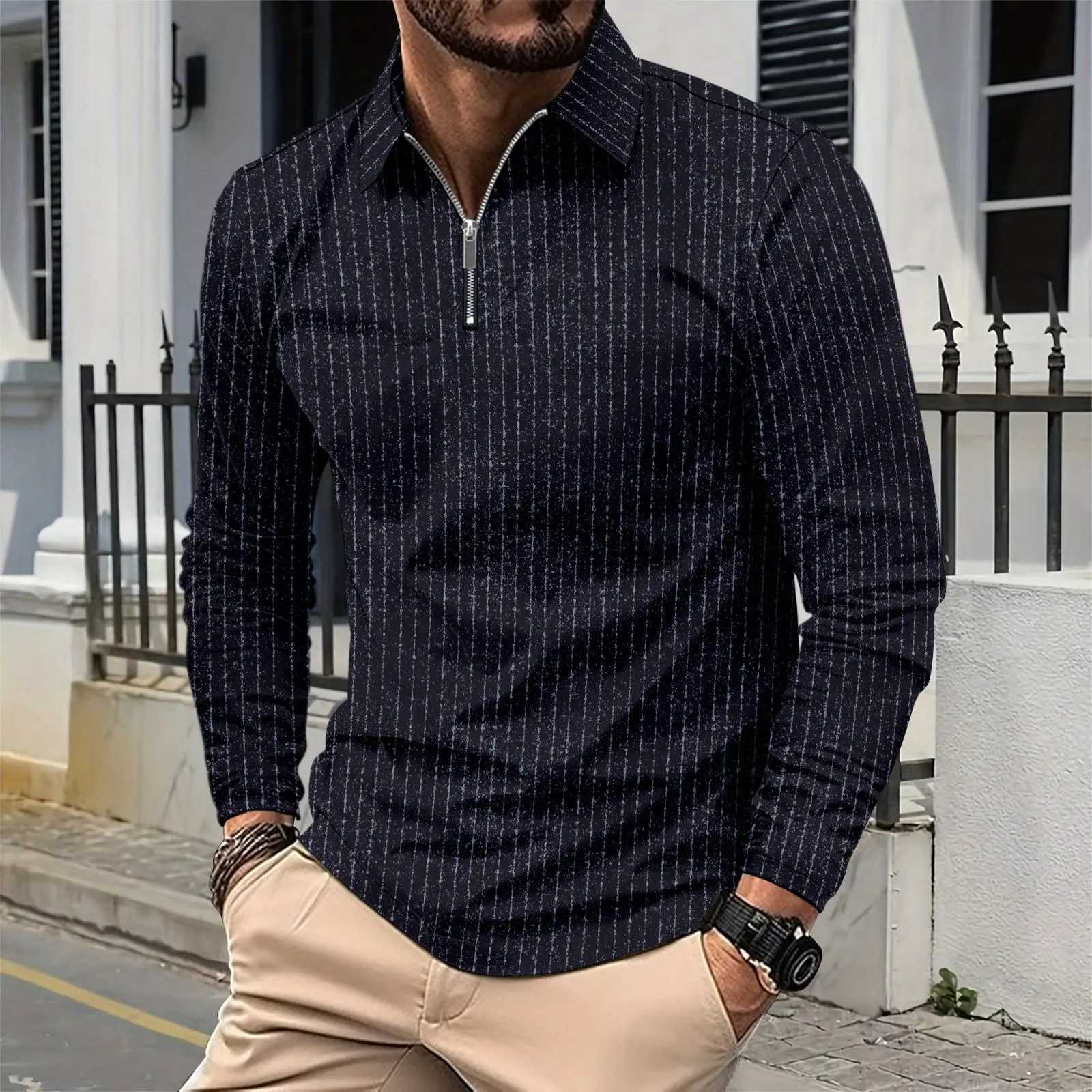 New Cross border European and American Mens Collar Zipper Fashion Slim Stripe Mens T-shirt for 2024 W241106