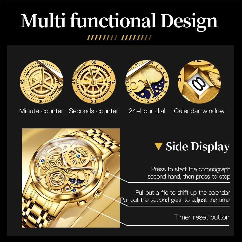 OLEVS Mens Watch Top Original Waterproof Quartz Watch Mens Gold Skeleton Style 24-hour Day and Night Watch 241105