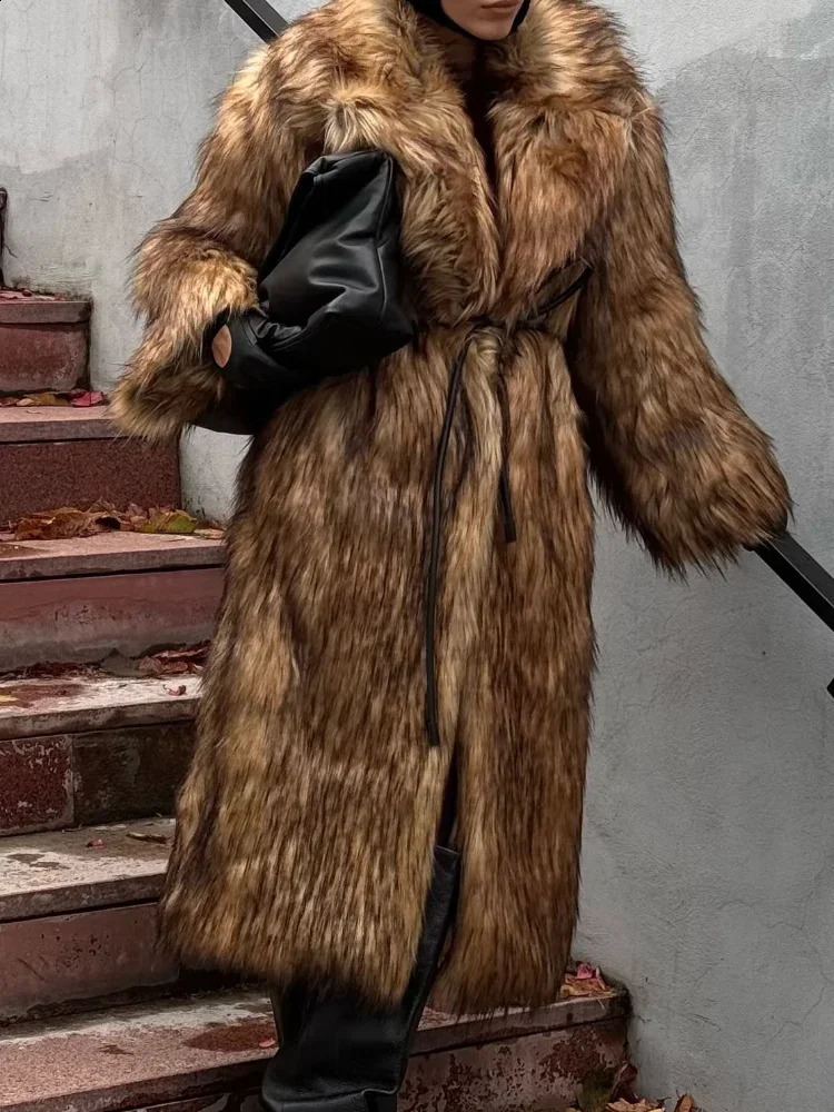 Winter Fashion Solid Lapel Long Faux Fur Overcoat Casual Thicken Warm Fluffy Plush Womens Jackets Lady y Outerwear 241104