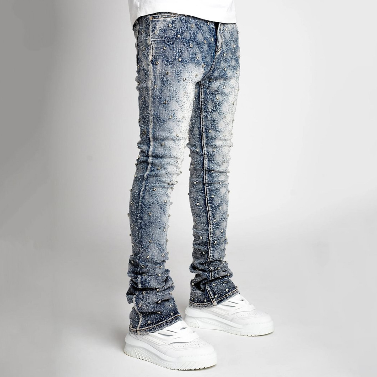 designer jeans men's denim fashion personality straight leg men's pants european and american fashion Instagram hot item elastic pearl denim