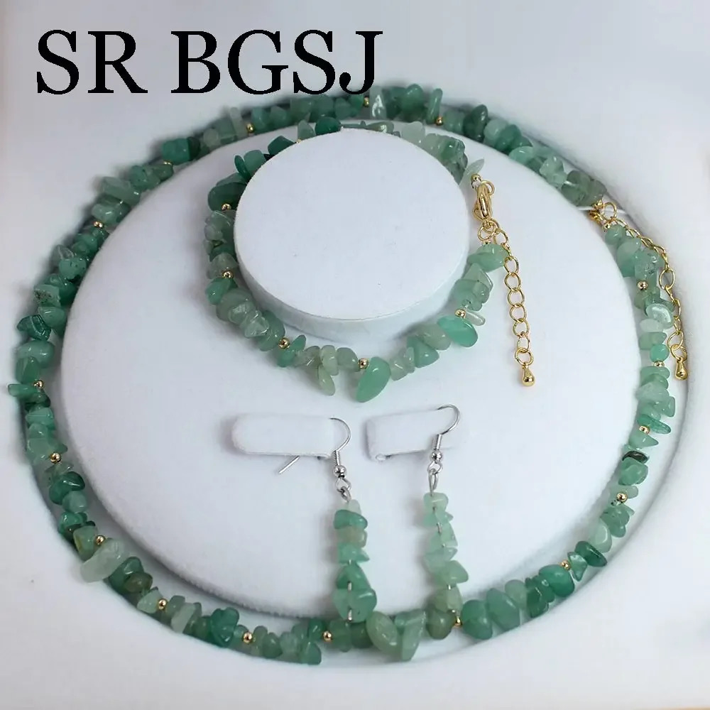6-8mm green Aventurine Jades natural gemstone womens necklace bracelet earring set 17.5 7-8 241106