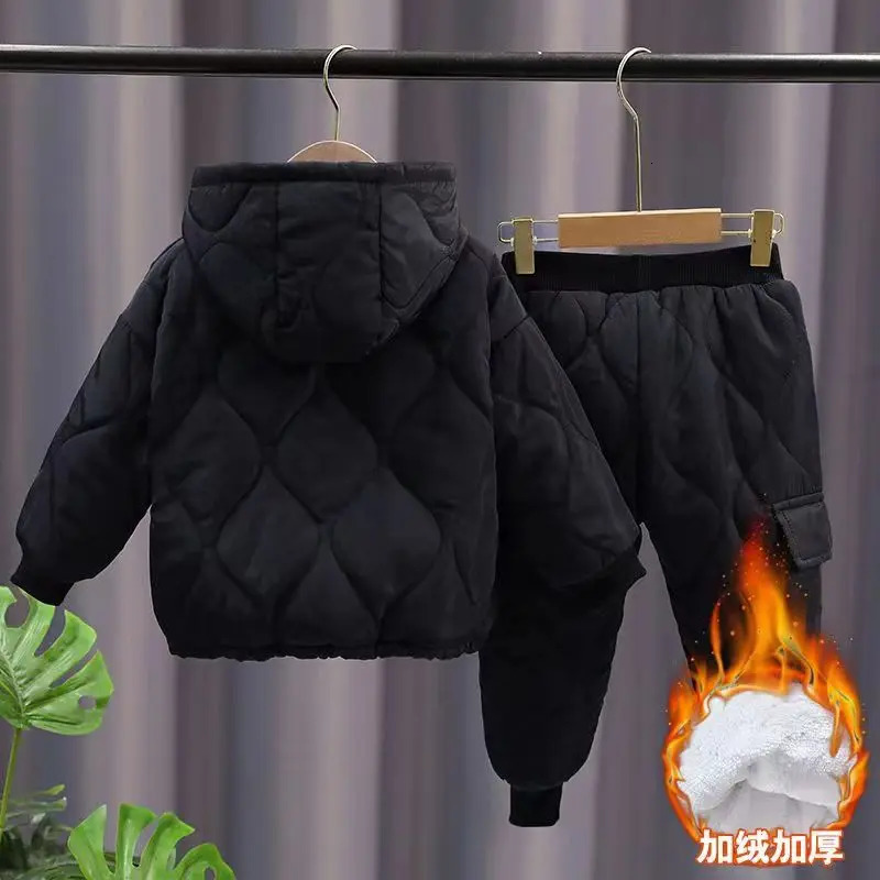 Winter Children Clothes Sets Kids Boys Girls Hooded Warm Cotton Velvet Pullover Coats OuterwearPants 2Pcs Snowsuits 1-8Y 241106