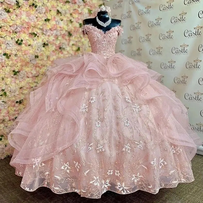 Pink Shiny Quinceanera Dresses Princess Corset Sequin Appliques Lace Beads Tull Tiered Off the Shoulder Vestidos De 15 Anos Sweet 16 Dress