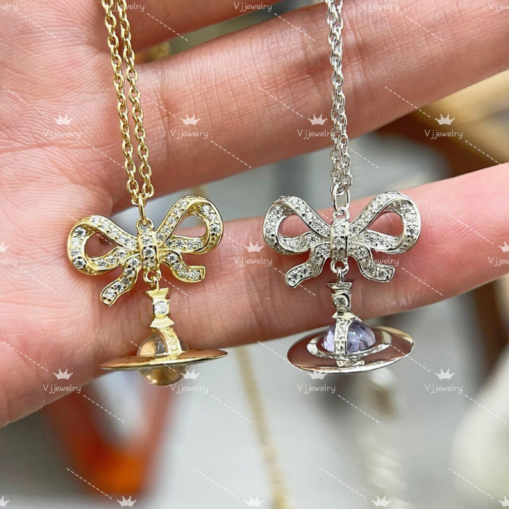 Designer Pink Bow Planet Necklace Three Layer Saturn Earrings with Full Didamond for Women Light Luxury Three Dimensional Planet Earhook Earclip Jewelry Gift