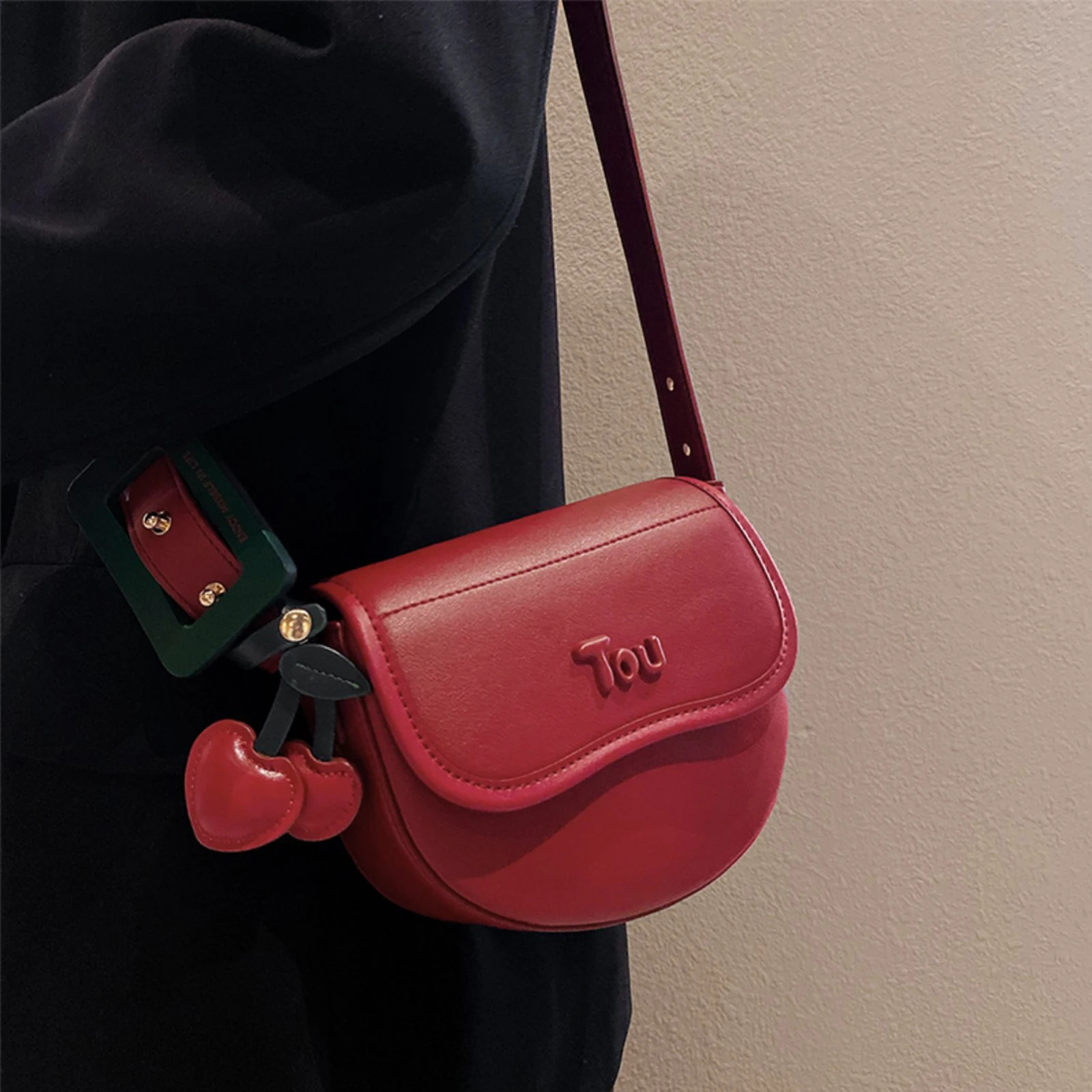 TOUTOU Cherry Saddle Bag Womens 2024 Red Ten Font Small Pocket Makeup and Makeup Storage Box Fashion Womens Valentines Day Gift241106