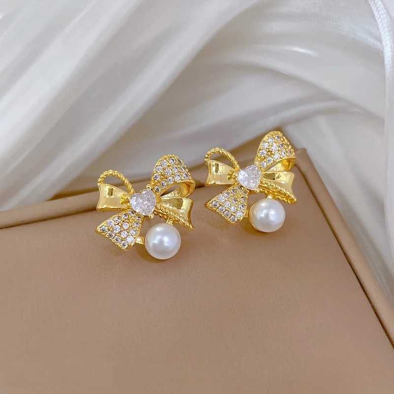 Classic Personalized Micro inlaid Pearl Stainless Steel Bow Necklace Earring Set Fashion Girl Ning Accessories Gift X241106