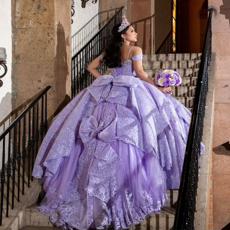 Mexico Lavender Off The Shoulder Ball Gown Quinceanera Dress For Girl Applique Lace Beaded Birthday Party Gowns Prom Dresses Sweet 16