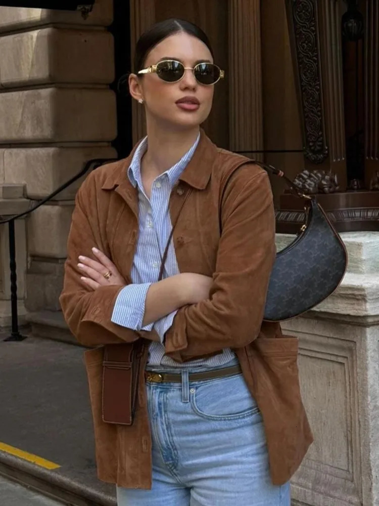 Vintage Suede Womens Jacket Shirt Casual Turndown Collar Women Jackets Coat Solid Color Autumn Fashion Female Jacket Blouses 241106