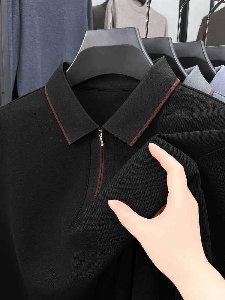 High end brand long SVE shirt mens autumn luxury silk cotton half zipper lapel T-shirt fashionable casual mens clothing W241106
