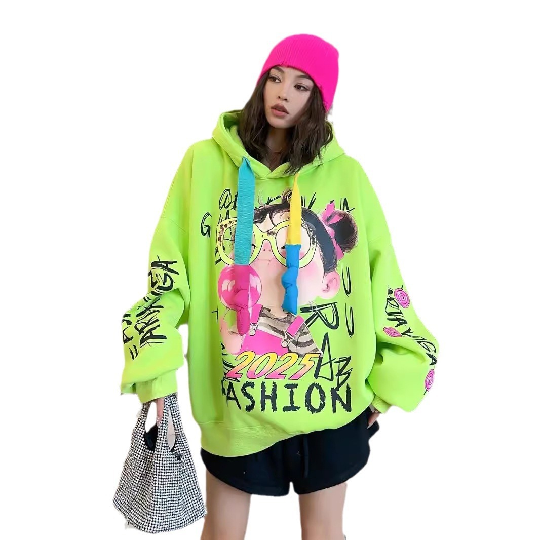 New designer fashion trend American heavy industry graffiti large velvet thick women's medium to long loose hooded sweatshirt