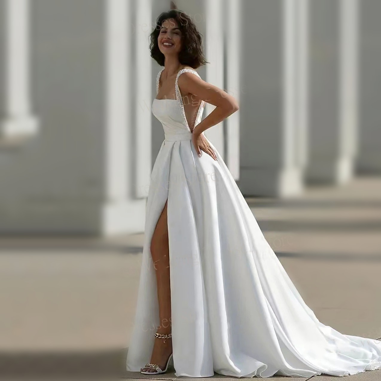 A-E Wedding Sexy Dress 2025 Spaghetti Straps Backless Pearls Beads Satin Bridal Bride Gown Robe Mariage Vestidos De Novia Customized