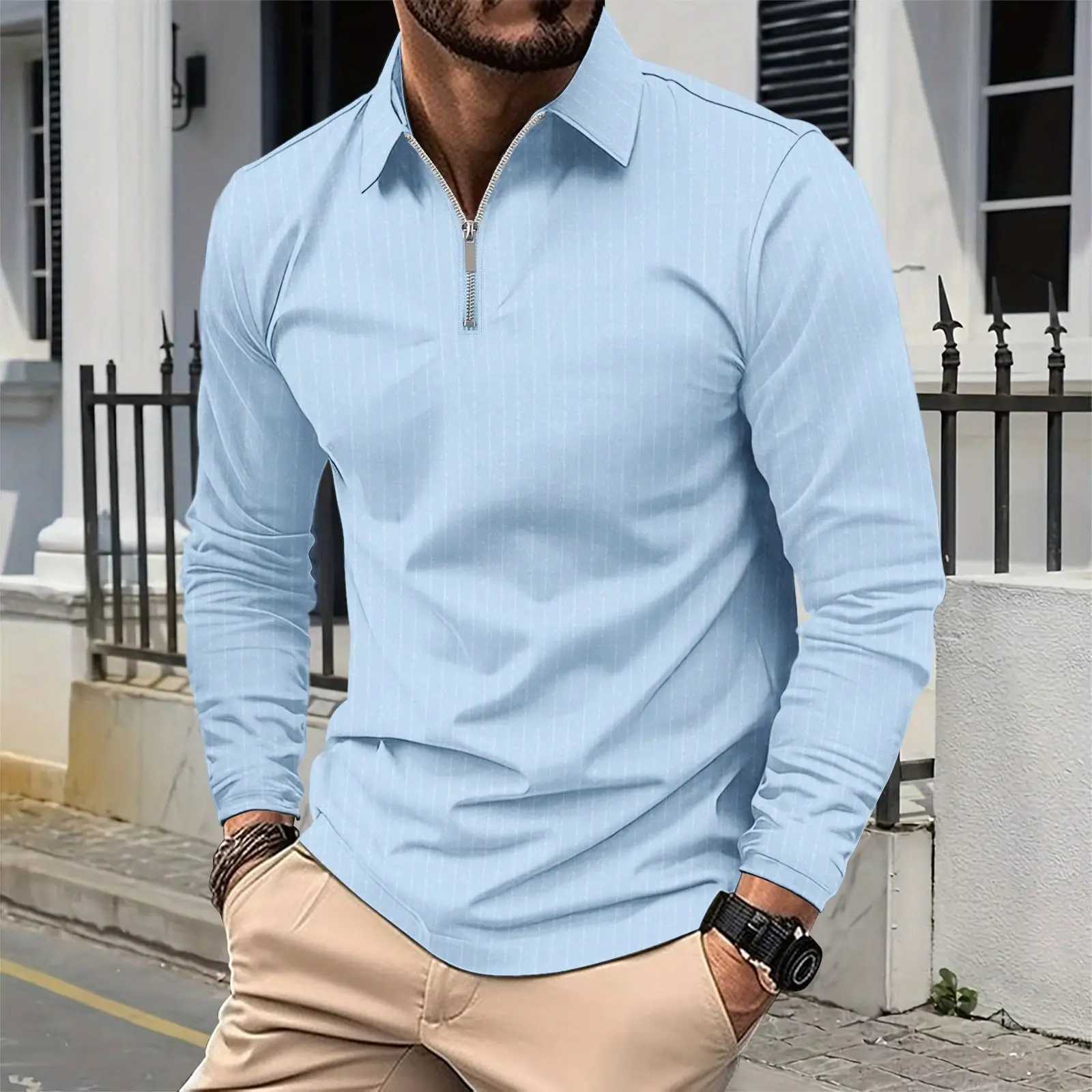 New Cross border European and American Mens Collar Zipper Fashion Slim Stripe Mens T-shirt for 2024 W241106
