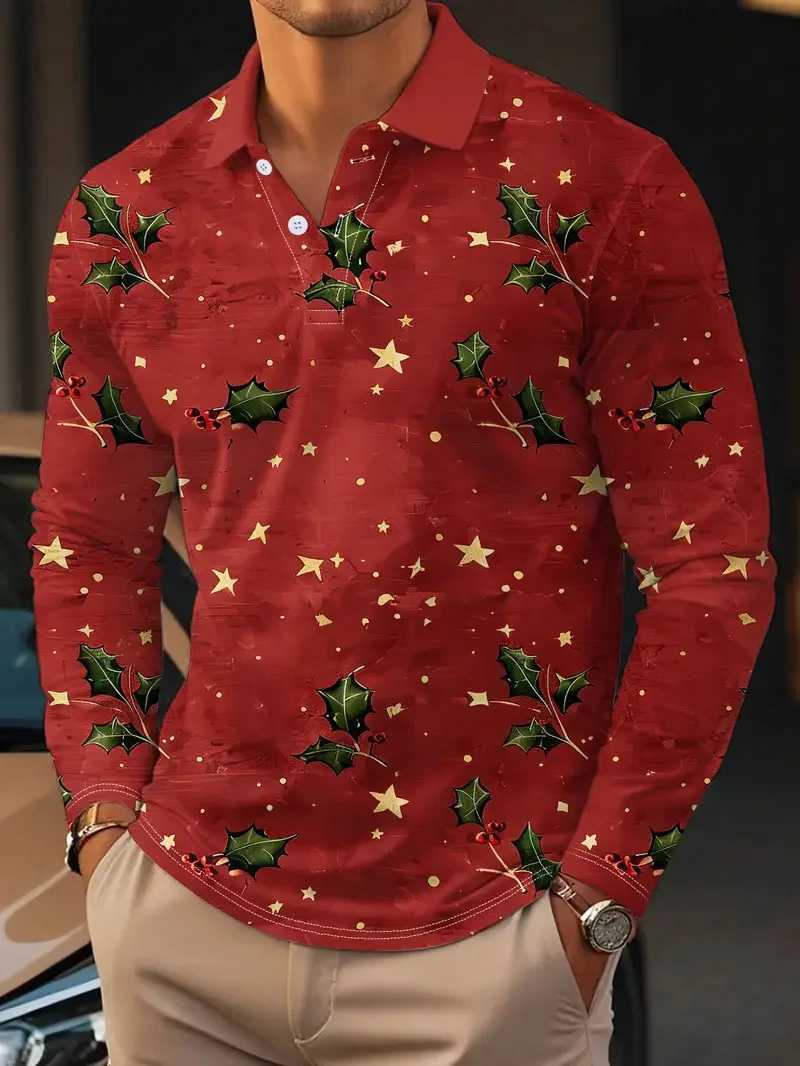 Full print Christmas graphic long Sve mens shirt casual super large city collar shirt mens T-shirt top W241106