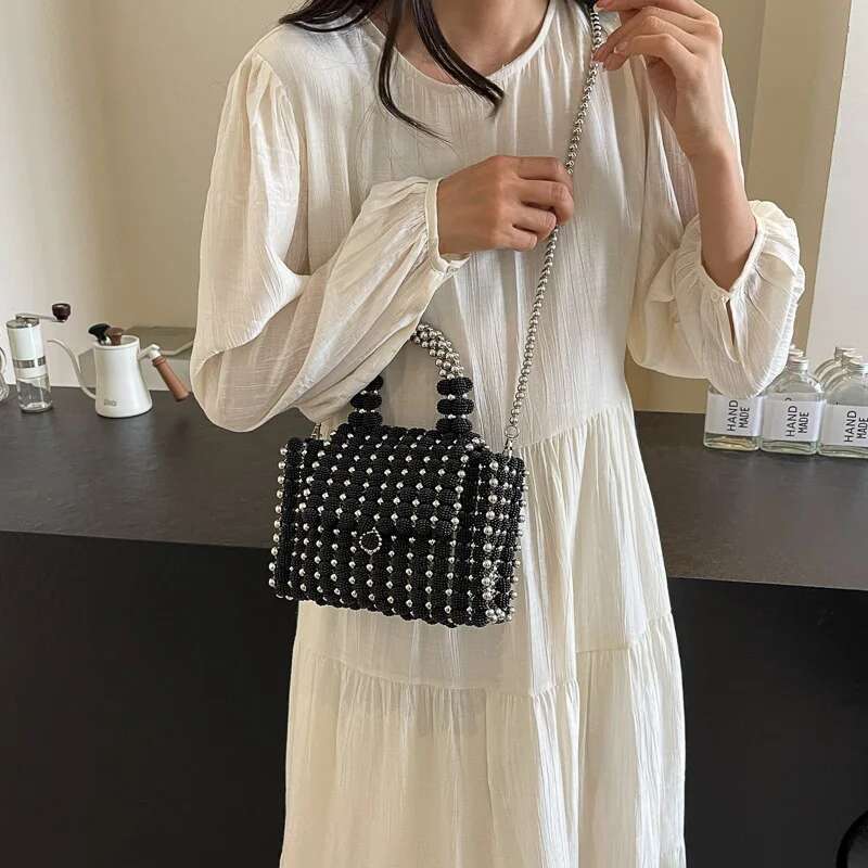 Designer Bag Black Small Square Bag Tote Women 2024 Summer Beading Handmde Handbag Phone Bag Coin Purse Vintage Pearl Shoulder Crossbody Bag