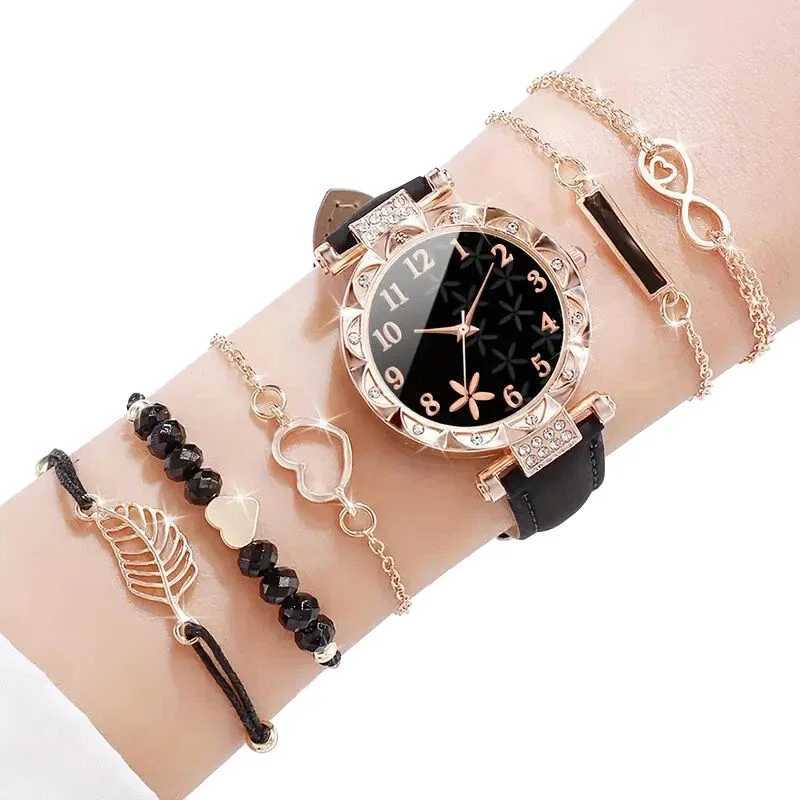 6 pieces/set of Wens watches casual flower quartz watches PU leather watch bracelets Cbination set Wens girl jewelry gifts X241106