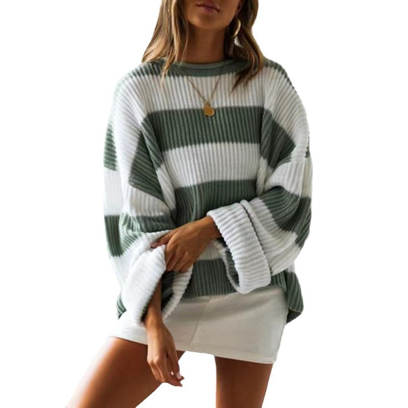 2025 Autumn And Winter Round Neck Long Sleeved Striped Knitted Shirt For Women Flared Sleeve Loose Sweater Woolen Sweater