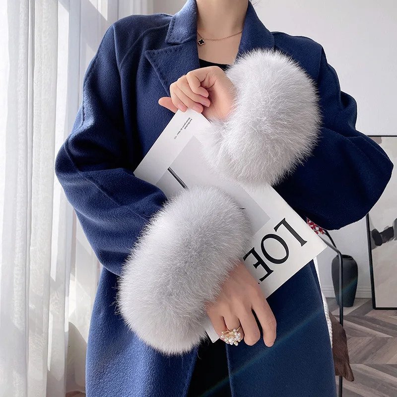 100% real fox fur cuffs winter natural warmth wristband ring womens coat decoration fox fur sleeves bracelet fashionable arm warmth gloves 241106
