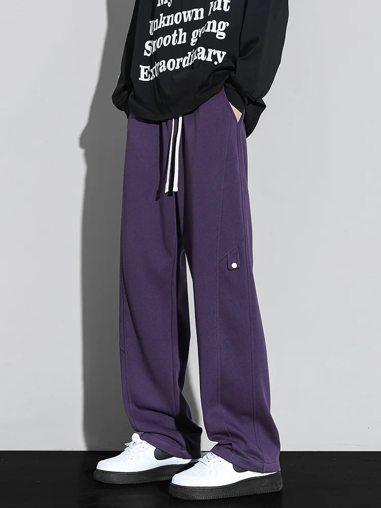 Autumn Mens Sweatpants Korean Fashion Solid Color String Banding Wide Leg Track Pants Straight Loose Cotton Trousers 241104
