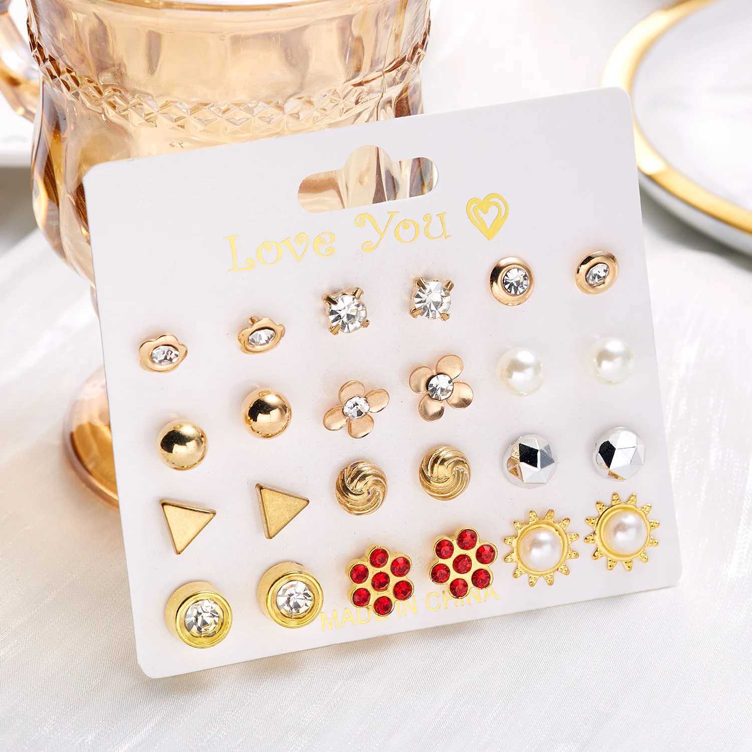 12 pairs of Cbination earrings set designed for Exclusite imitation pearl flower zircon earrings jewelry gifts X241106