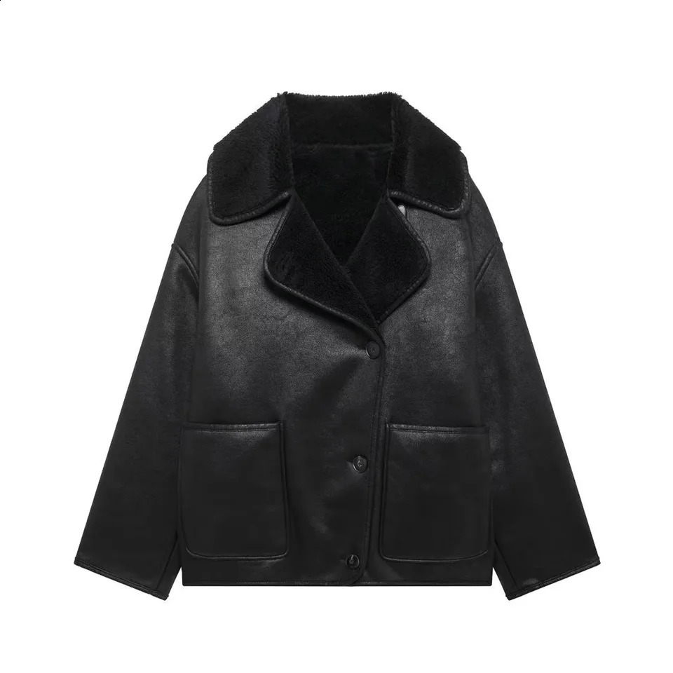 RZRA Womens AutumnWinter coat lapel singlebreasted pockets to dress up chic short leather jacket 241105