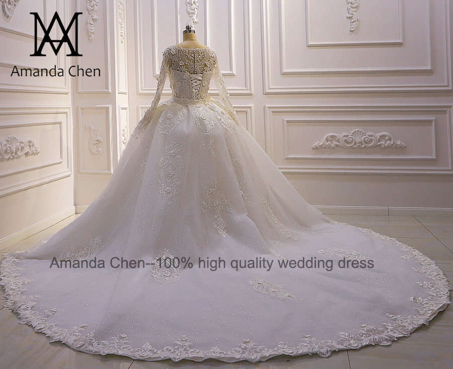 robe demoiselle d'honneur Long Sleeves Lace Applique Detachable Train Wedding Dress
