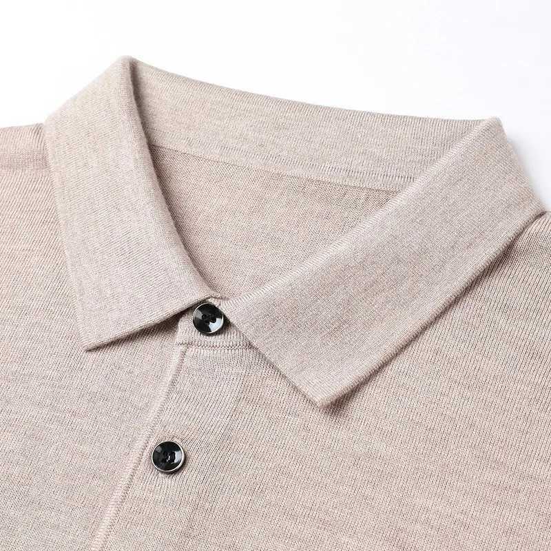High quality ultra-fine cashmere knitted lapel mens T-shirt long Sve shirt solid color trend casual gray white black W241106