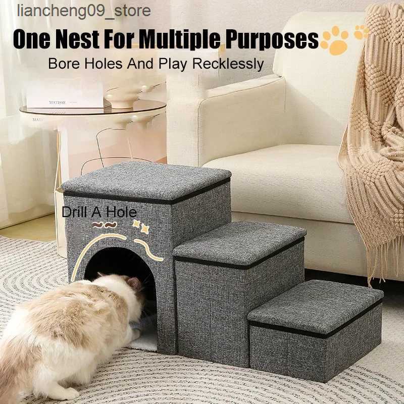kennels pens Folding Thick Puppy Staircase W/Storage Box Durable Dog Bed 3-level Staircase Ramp W/Dog Accessories Hole Cat Bed L240910