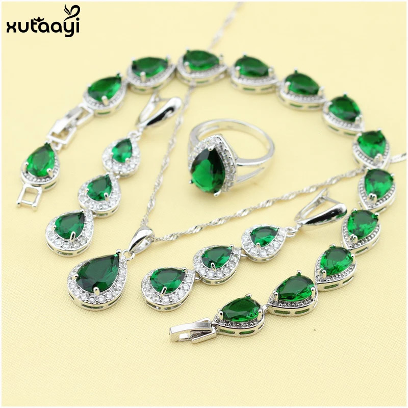 XUTAAYI High Quality 925 Silver Jewelry Set Green Jadeite Flower Necklace/Ring/Earring/Bracelet Wedding Jewelry Set 241106