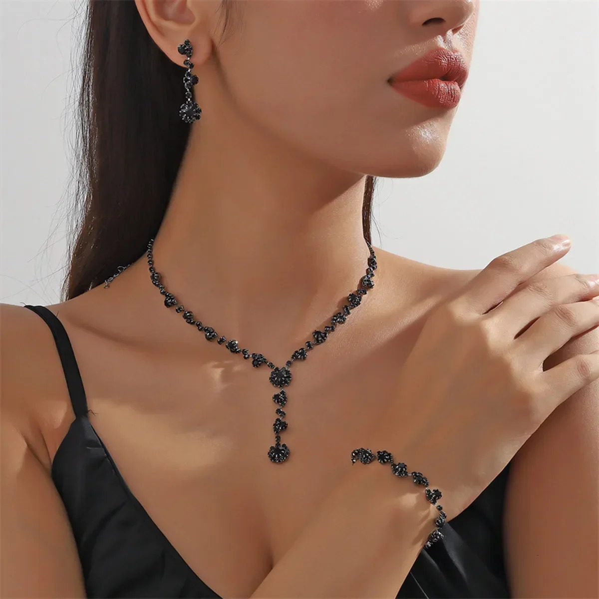 FYUAN Exquisite Black Silver Color Crystal Necklace Earrings Bracelet Long Tassel for Wedding Jewelry Sets 241106