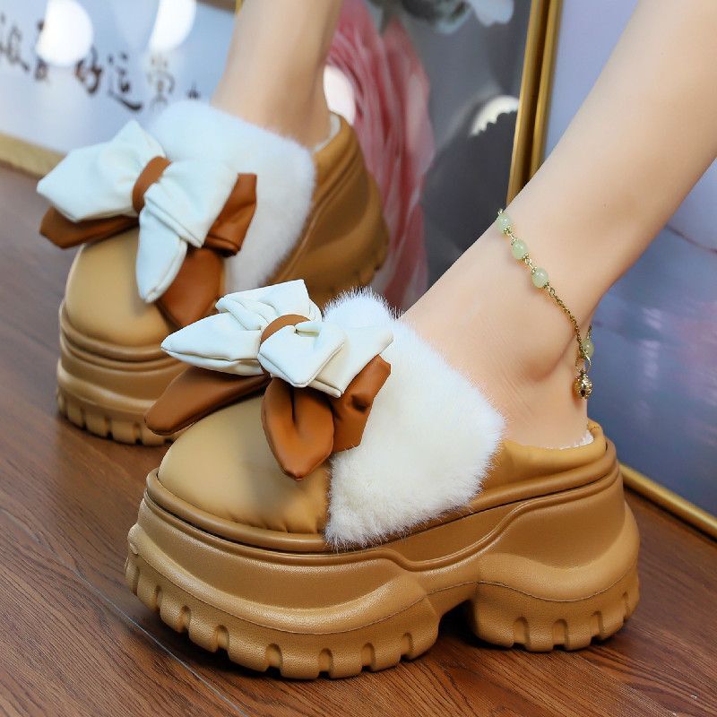 High Heels 7.5cm Bow Slippers Home Women's 2025 Designer New Autumn/winter Warm Thick Bottom Plush Slippers Women's Platform Waterproof Slip