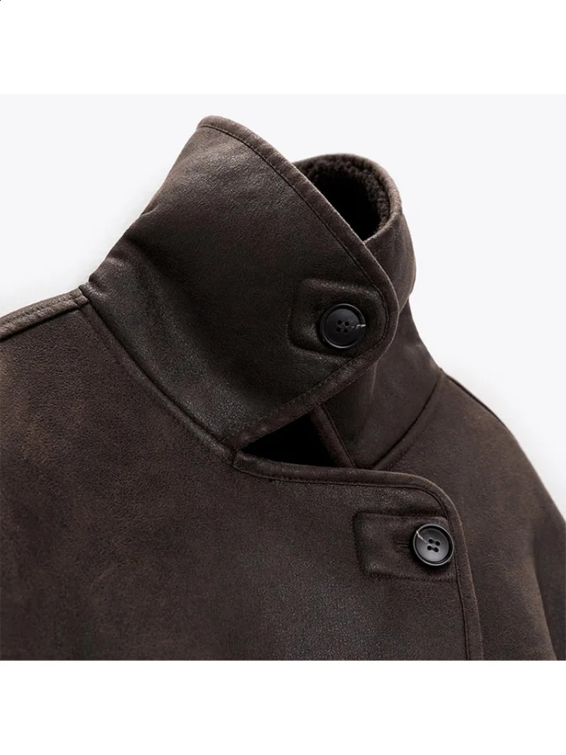 Winter Women Fleece Coat Moto Biker Pockets Solid Jacket Fashion Casual Office Clothes Female Loose Single Breasted Outwear 241105