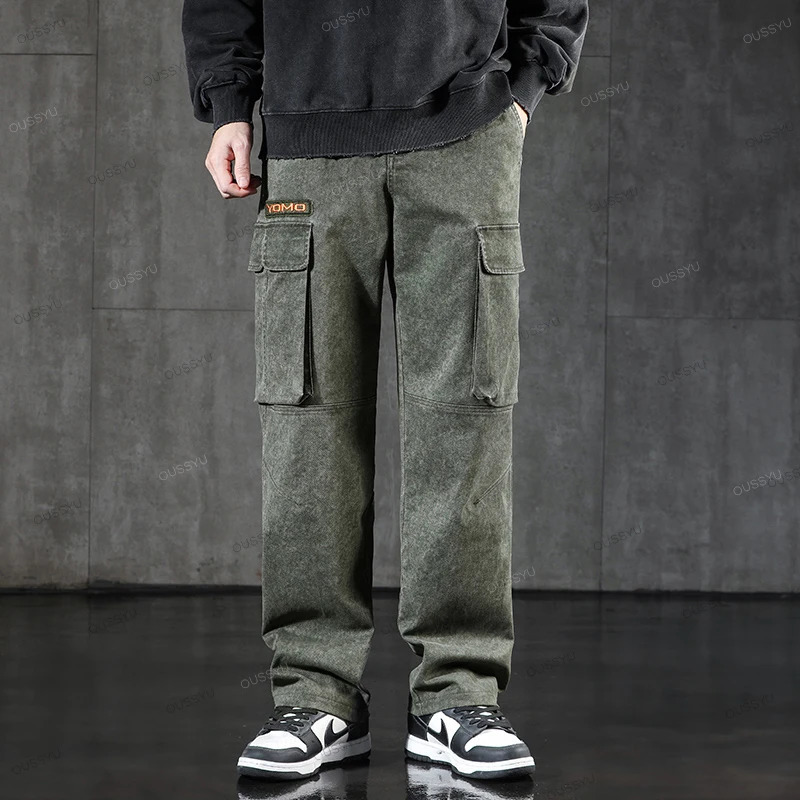 OUSSYU Clothing Mens Cargo Pants Cotton Solid Color Work Wear Wide Korean Multi Pocket Jogger Trousers Male Plus Size 241106