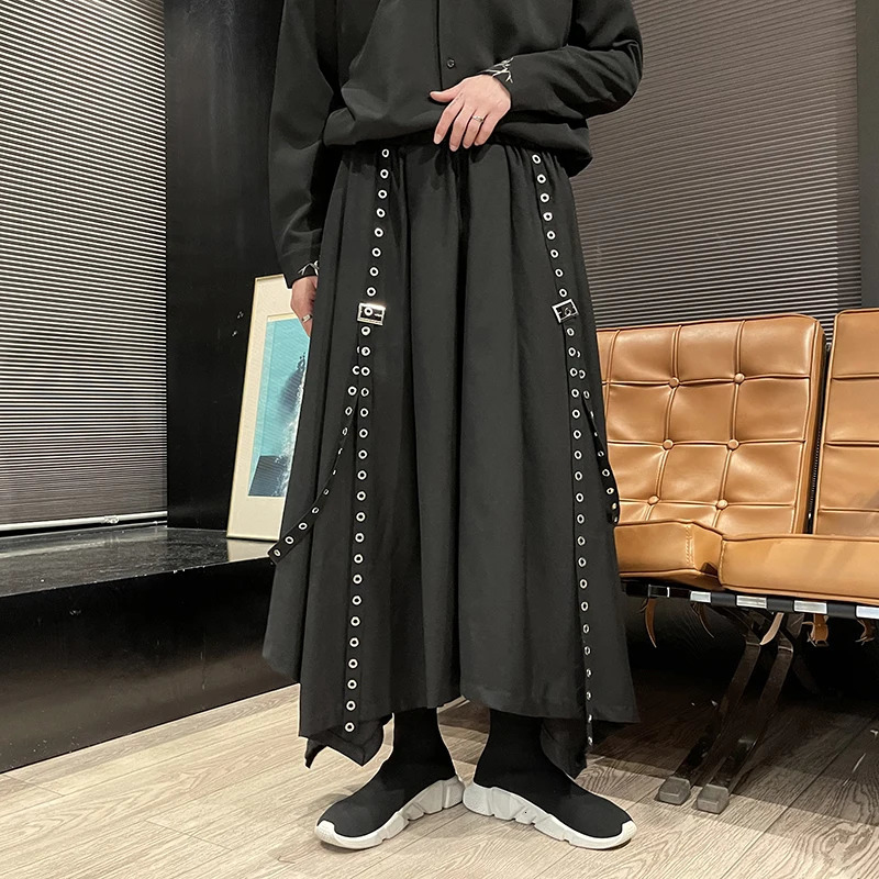 Men Ribbon Dark Black Wide Leg Pants Male Punk Gothic Harem Trousers Kimono Skirt Winter Women Irregular Big Hem Pant 241104