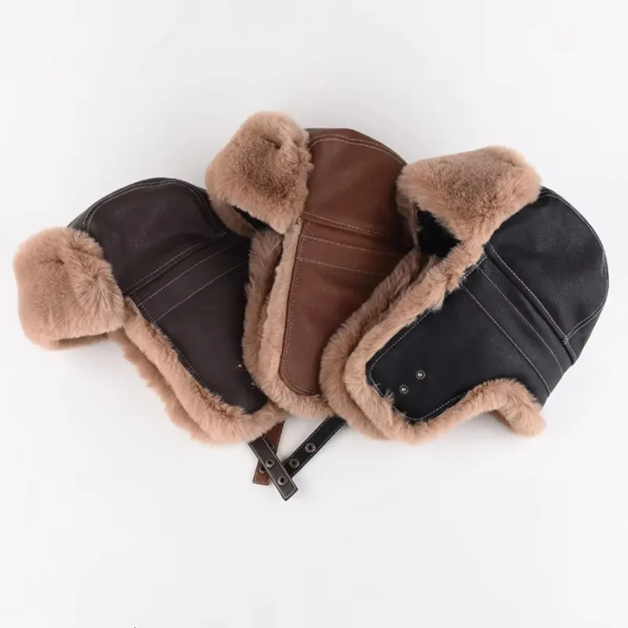 Artificial fur leather bomber hat with earrings Hunter winter pilot hat mens thick warm ski hat Usanka Russia 241106