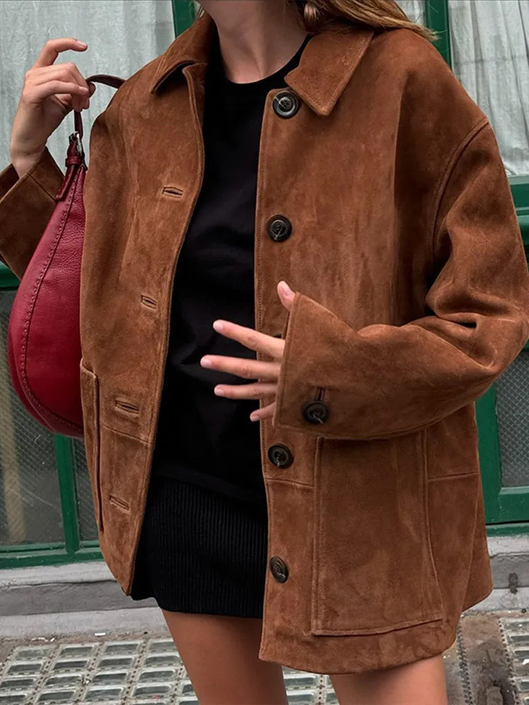Brown Single Breasted Faux Leather Short Coat Women Loose Long Sleeves Lapel Jacket 2024 Autumn Female High Street Outwear 241106