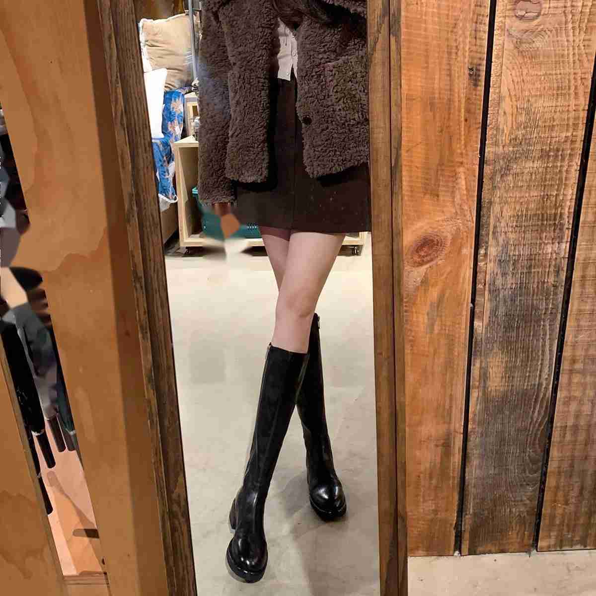 CMM Full Horse Leather Round Head Thick Heel Increased Height Mid Barrel Knight Boots Womens Autumn and Winter