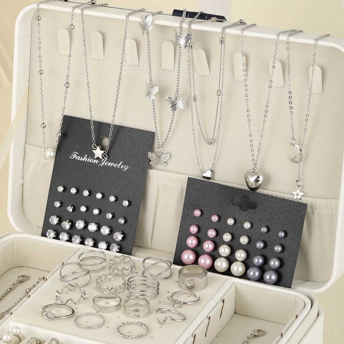 81 pieces of retro elegant imitation pearl zircon pendant earrings rings necklaces used for daily wear jewelry sets X241106