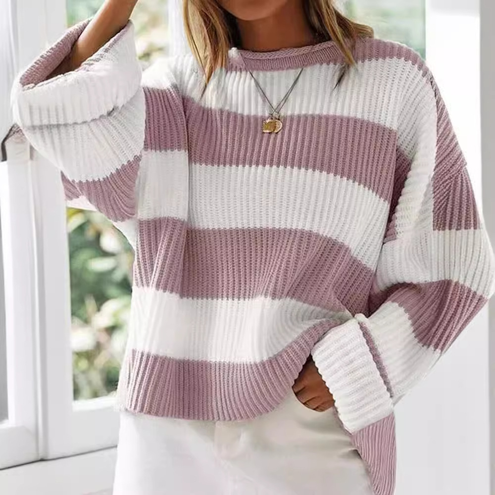 2025 Autumn And Winter Round Neck Long Sleeved Striped Knitted Shirt For Women Flared Sleeve Loose Sweater Woolen Sweater