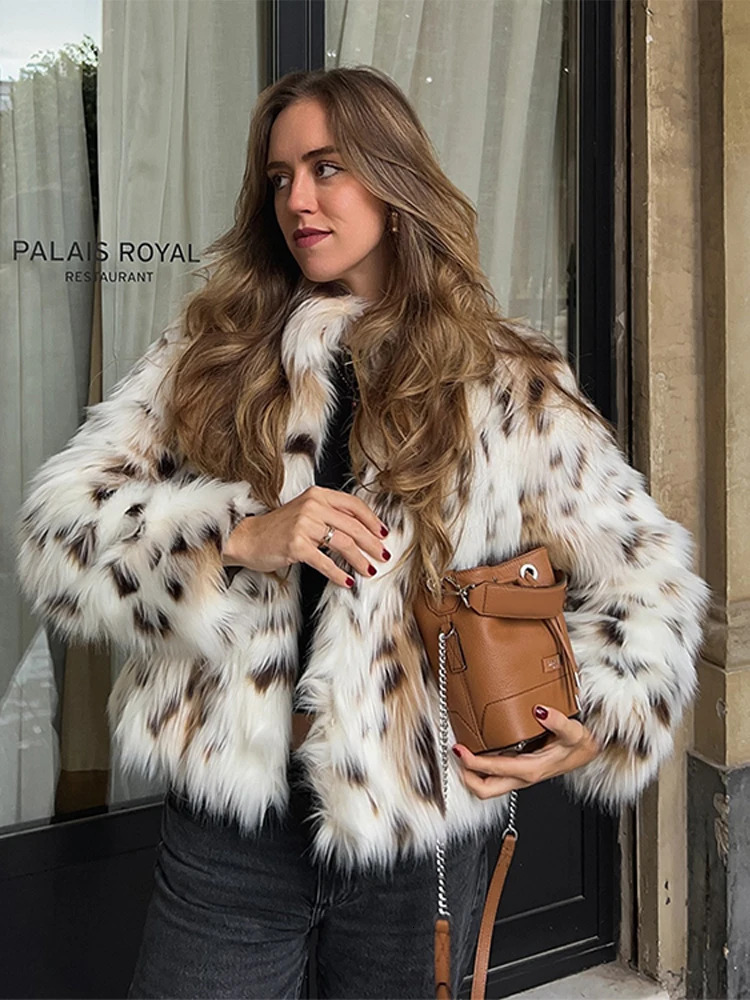 Leopard Faux Fur Coat Women Short Autumn Winter Plush Stand Collar Panelled Jacket Female Warm Stylish Outerwears Lady Casual 241104