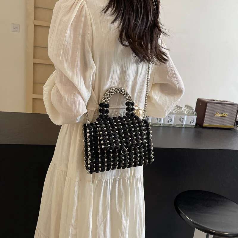 Designer Bag Black Small Square Bag Tote Women 2024 Summer Beading Handmde Handbag Phone Bag Coin Purse Vintage Pearl Shoulder Crossbody Bag