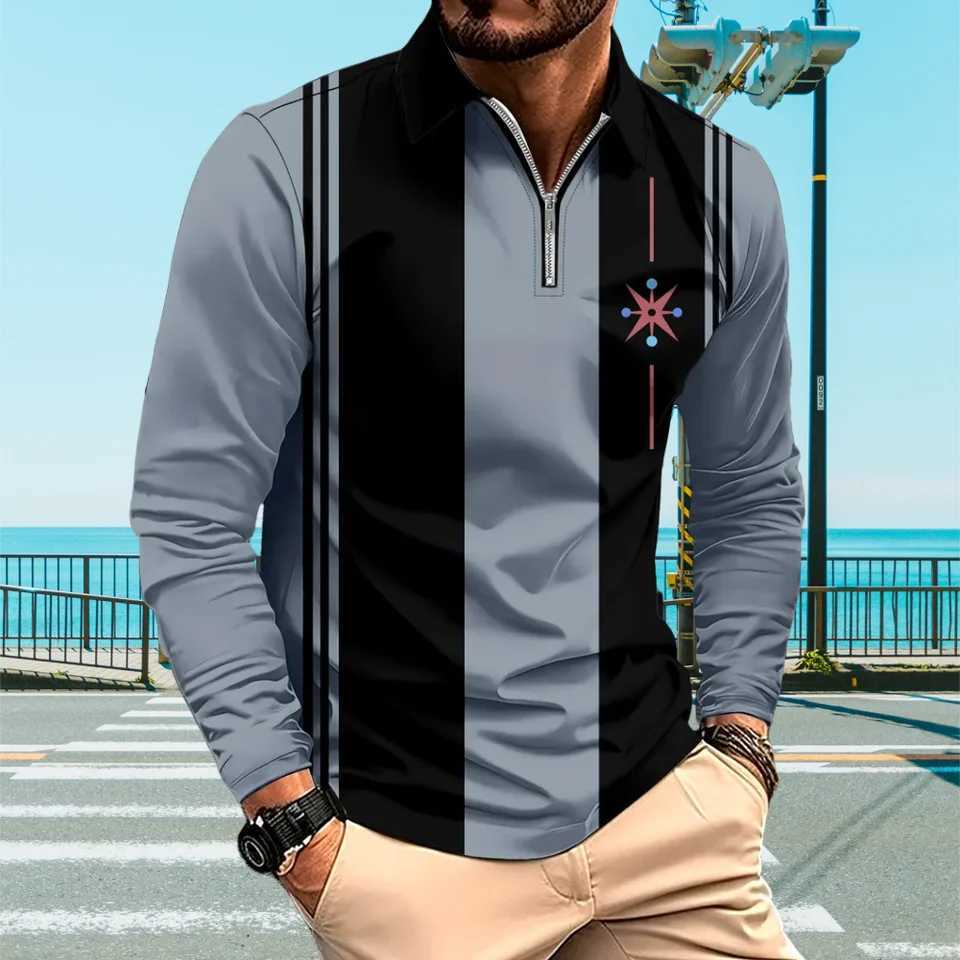 Mens shirt fashionable color block printing casual lapel clothing mens T-shirt top fashionable V-neck sports long Sve mens clothing W241106