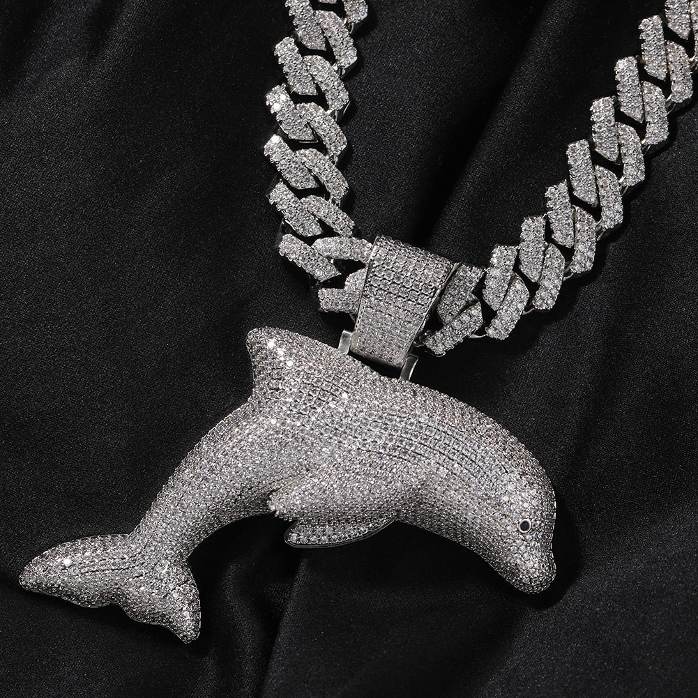 Hip Hop Animal Dolphin Pendant Necklace 5A Blue Zircon Women Men Children Rap Jewelry