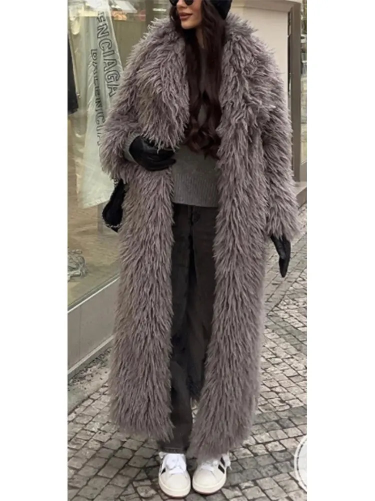 Women Fashion Warm Faux Fur Fluffy Overcoat Elegant Thicken Full Sleeve Long Coat Autumn Winter Female Commuting Streetwear 241104
