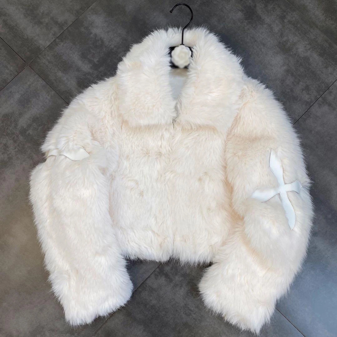 Winter Women Jacket Lapel Long Sleeve Patch PU Cross Fur Cotton Coat 241104