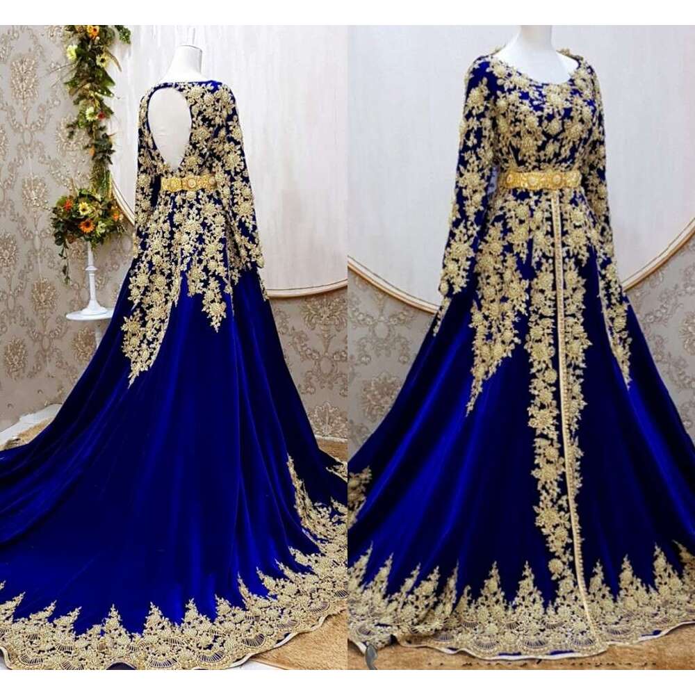 Caftan Marocain Royal Blue Evening Dresses Long Sleeve gold Applique kaftan Prom Dress with Cape Vestidos Formale De bc19730