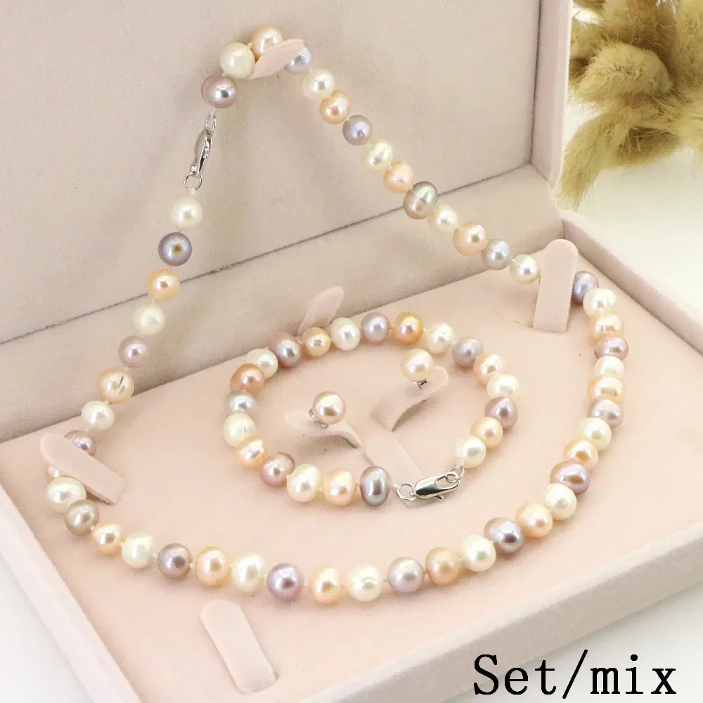 Womens Pearl Necklace 8-9mm Natural Freshwater White Pearl Necklace Earrings Bracelet Set Wedding Jewelry Birthday Gift 241106