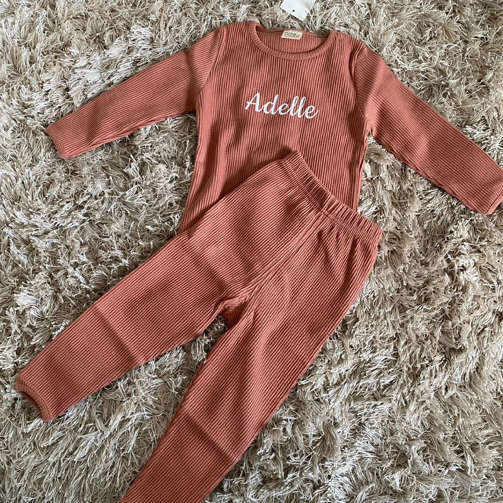 2024 Custom Toddler Kids Ribbed Knitting Pajamas Solid Cotton Winter Lounge Boy Girl Casual Pyjamas Children Warm Sleepwear 240327