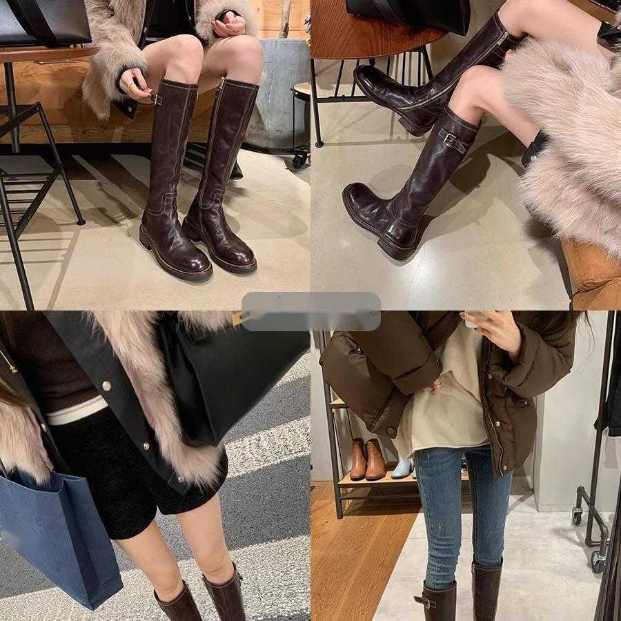 CMM Washed All Horse Leather Thick Soled Midsole Knight Boots for Women Popular and Versatile Autumn and Winter Styles